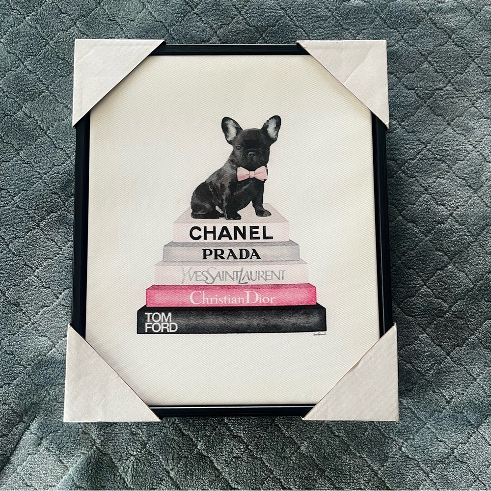 Hobby‎ Lobby French Bulldog Designer Fashion Book Stack Framed Canvas Art 10x12